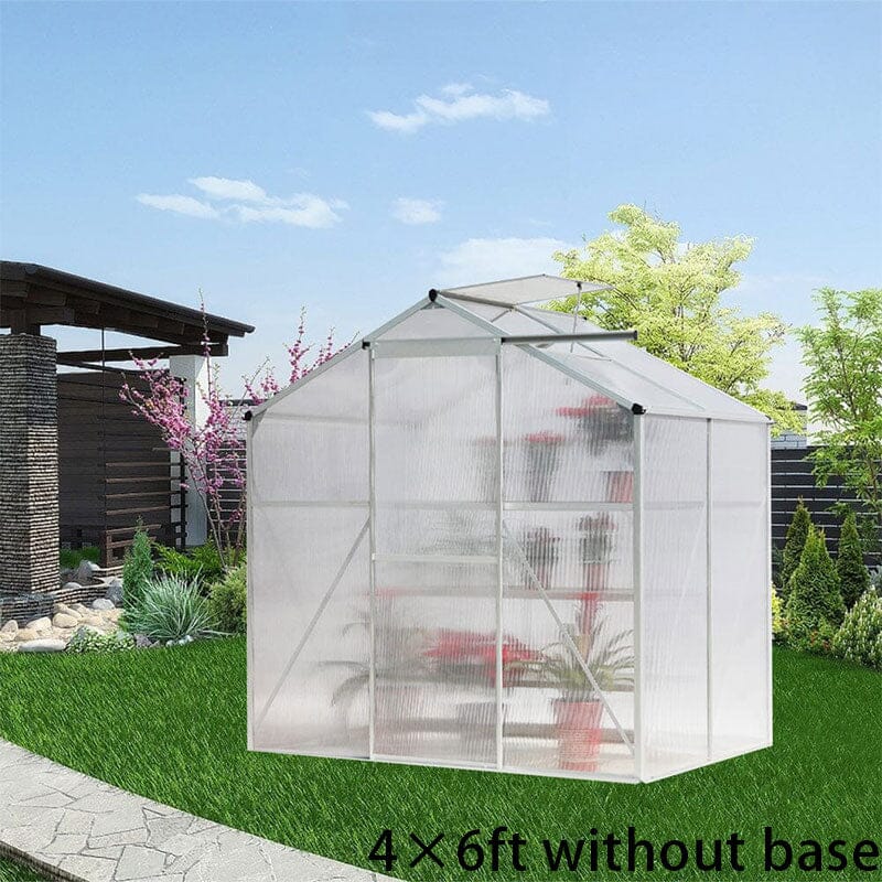 4x6ft/ 6x6ft/ 8x6ft/ 10x8ft Silver Aluminum Framed Greenhouse with Vent Greenhouses Living and Home 4' x 6' ft Without base frame