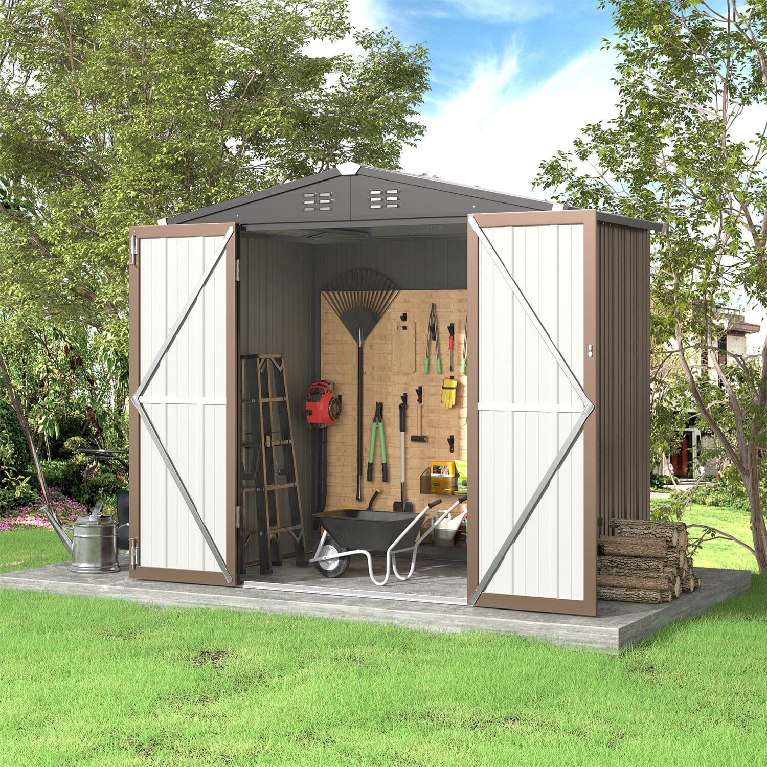 5 x3 /6.5 x4 /8 x6 ft Classic Lockable Tool Storage Bike Shed Brown Metal Shed Garden Sheds Living and Home