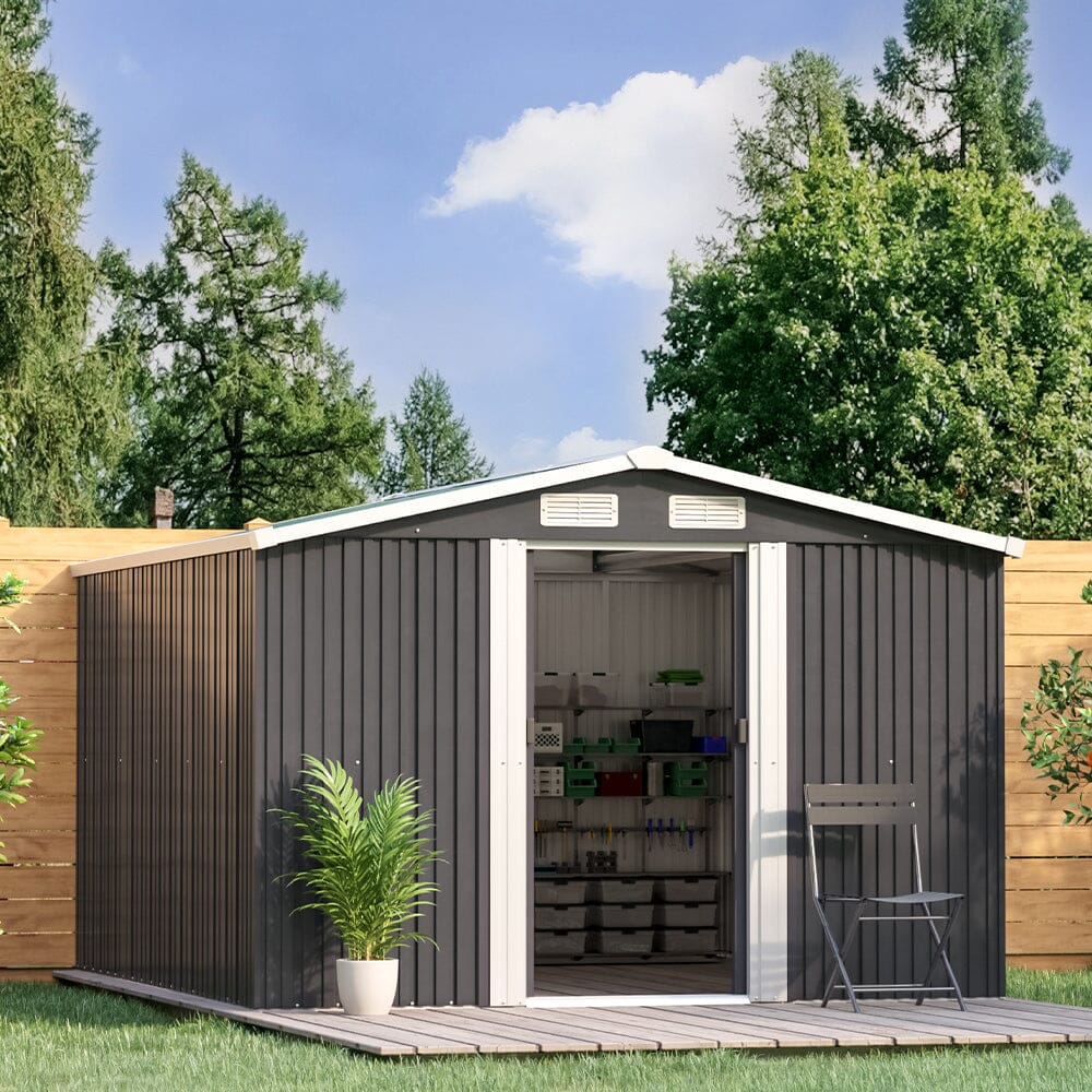 Waterproof 6x8/8x8/10x8/12x10ft Metal Shed with Gable Roof Charcoal Black/Green Garden Sheds Living and Home Charcoal Black 12 x 10 ft