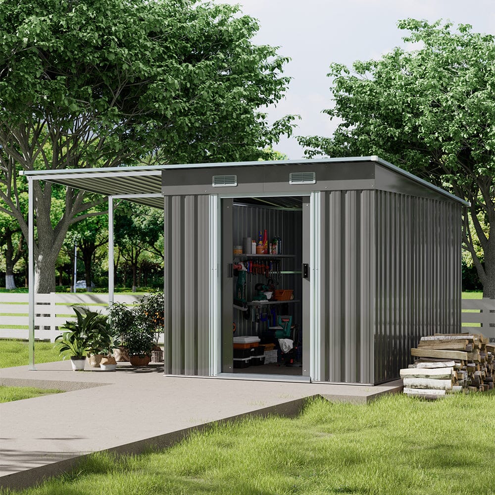 6X9FT Outdoor Metal Pent Roof Storage Shed with Lean-to Living and Home