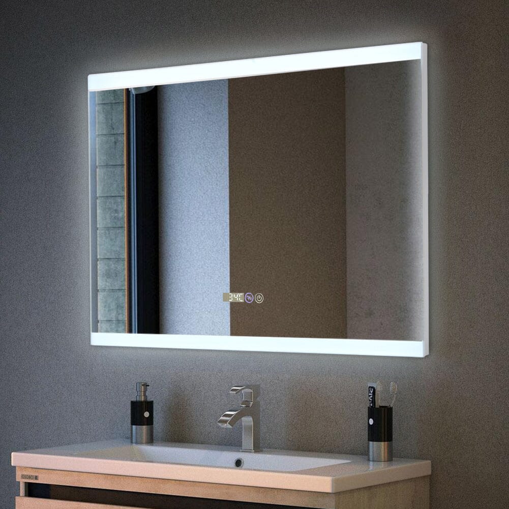 Large Rectangular Frameless AntiFog LED Vanity Mirror with Clock