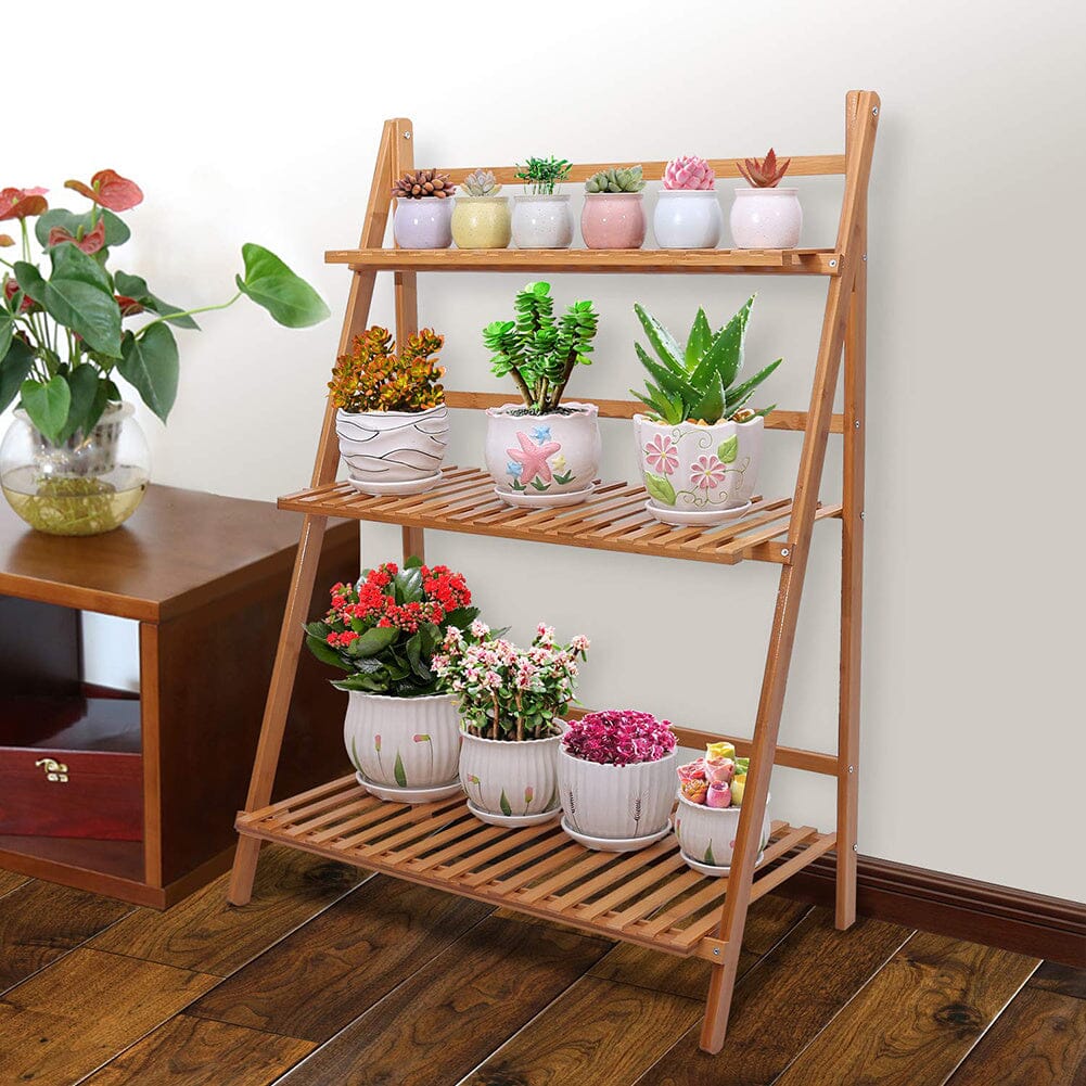 3-Tier Foldable Plant Stand Wooden Ladder Shelf Natural/White Living and Home Natural