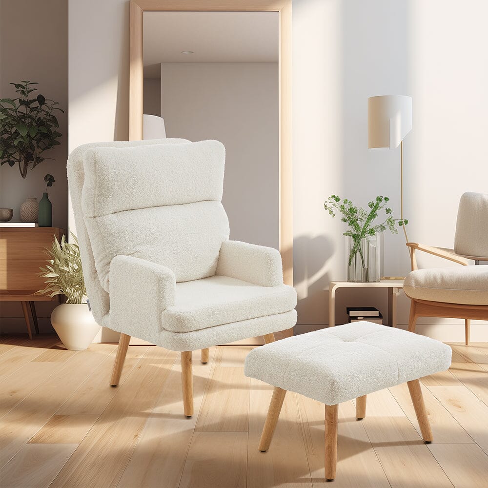 Wooden Legs Velvet Armchair Chair with Footrest Armchair Living and Home White