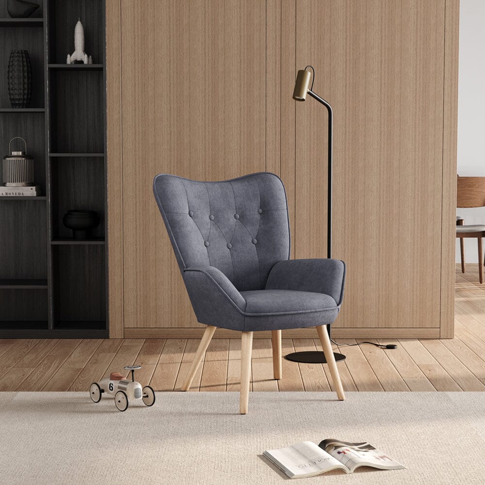 Tufted Button Linen Armchair with Wooden Legs Armchair Living and Home