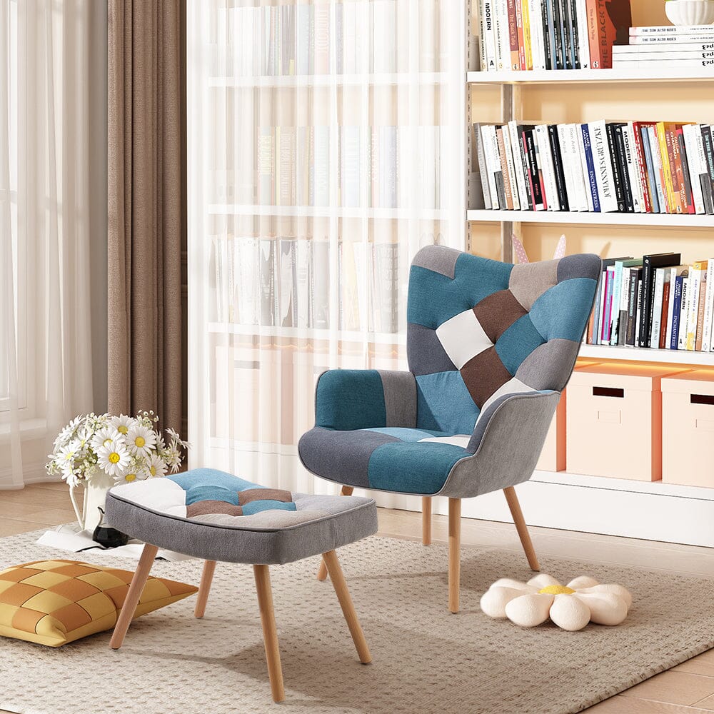 Colour Block Upholstered Wingback Armchair with Footstool Armchair Living and Home