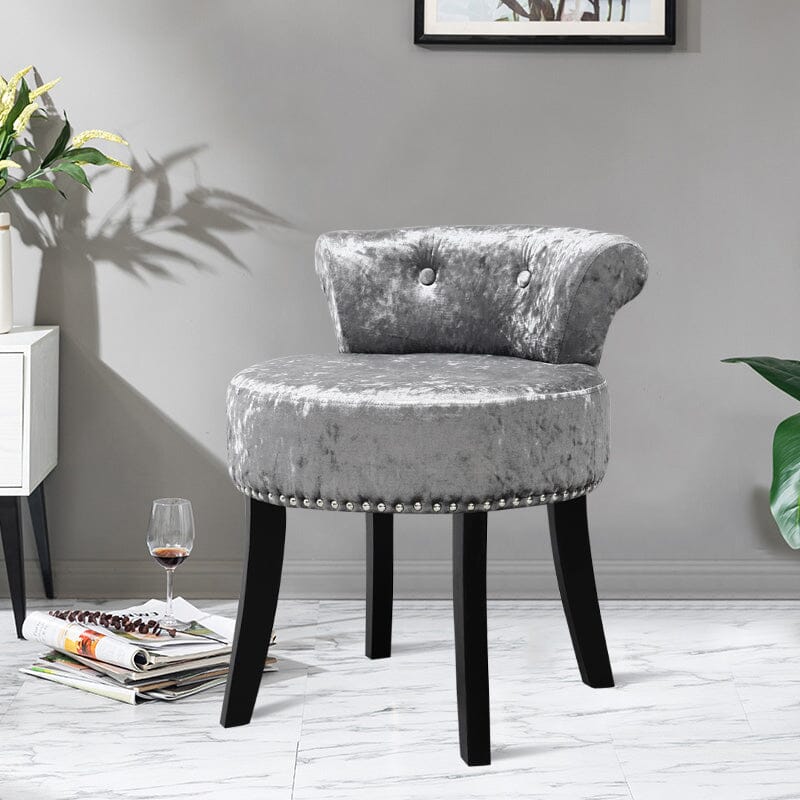 Dressing Table Stool Grey Stool For Bedroom Nila Grey Vanity Velvet Upholstered Stool With Solid Wooden Dressing Table Stool Grey Stool For Bedroom Nila Grey Vanity Velvet Upholstered Stool With Solid Wooden