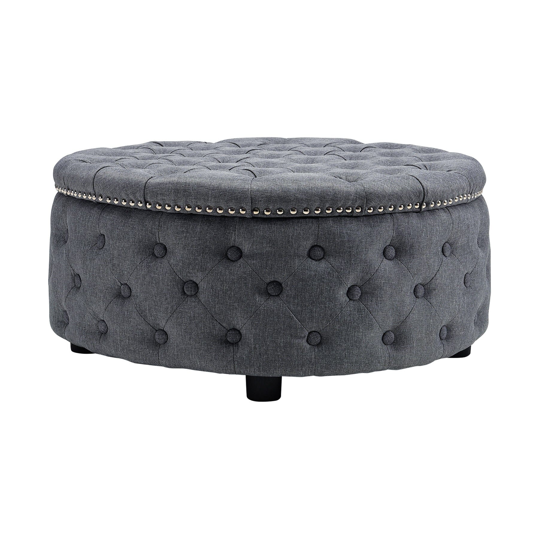 Dia 75cm Linen Tufted Round Cocktail Ottoman with Solid Wood Footstools Living and Home
