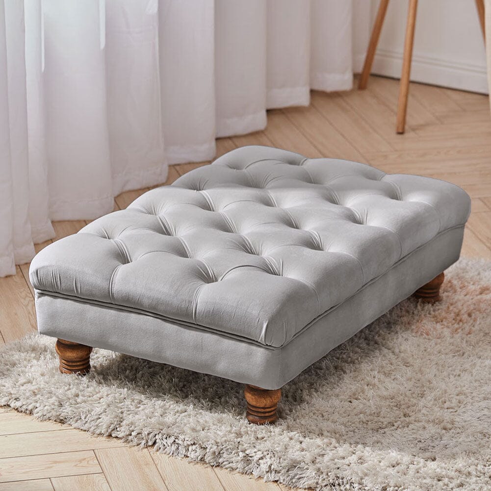 Velvet Buttoned Thick Padded Footstool with Gourd-shaped Legs Footstools Living and Home Grey