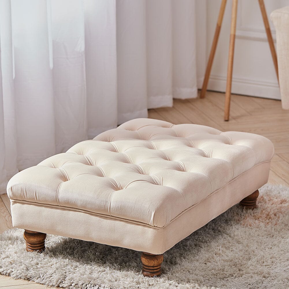 3Ft Wide Velvet Buttoned Thick Padded Footstool Footstools Living and Home Creamy-White