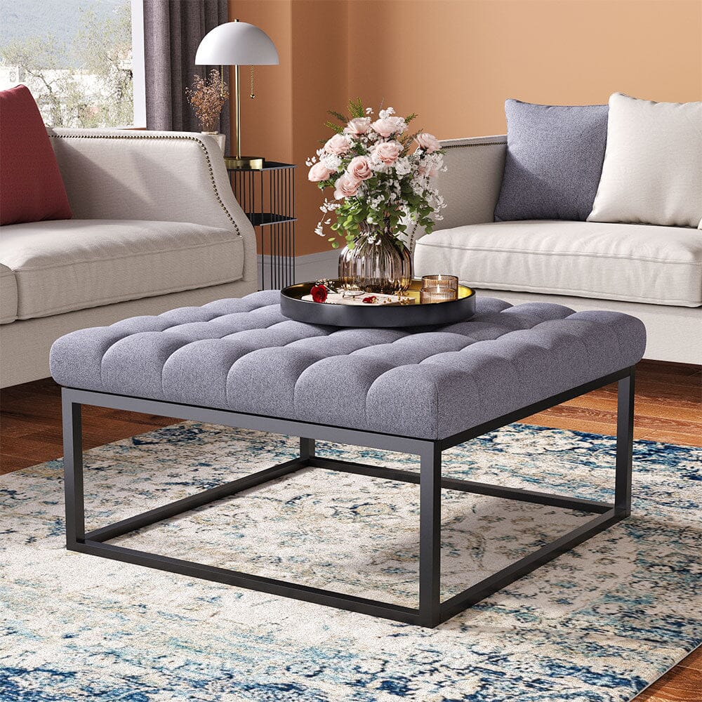 84cm W Square Linen Footstool with Metal Frame Footstools Living and Home Grey