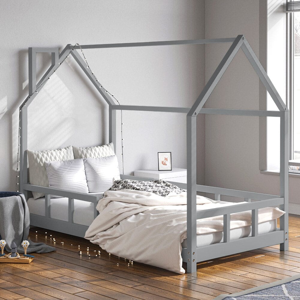 80X160CM Grey Wooden Single House Bed for Kids Bed Frames Living and Home