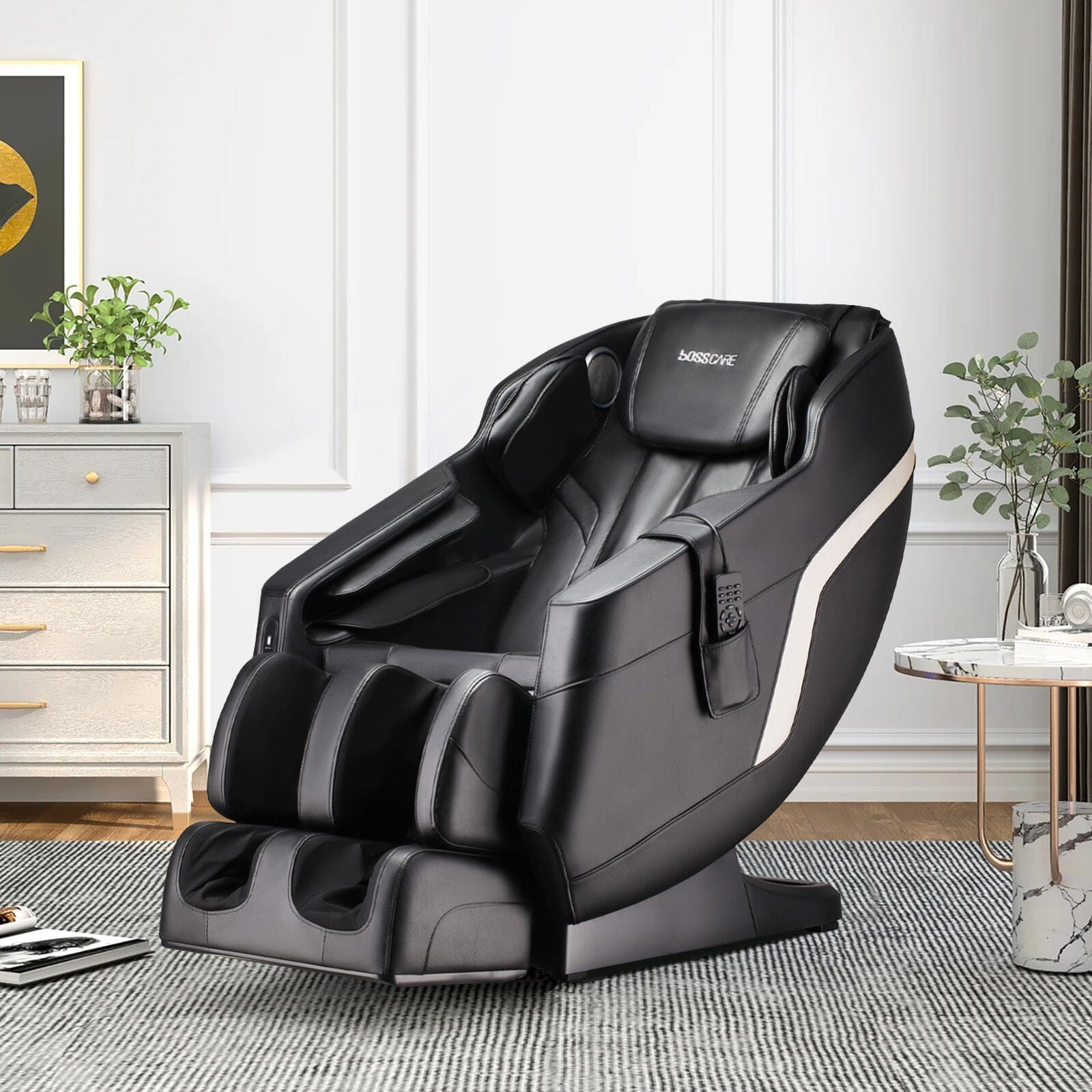 135.9cm D Real Relax Black Faux Leather Massage Chair with 6 Pre-Set Auto Modes Message Chairs Living and Home