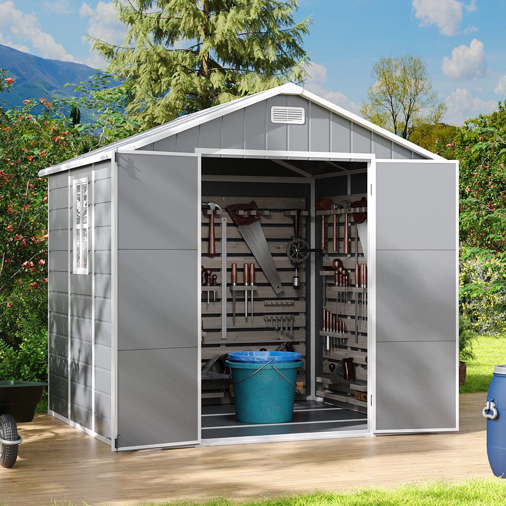 8x6ft / 8x8ft Plastic Outdoor Apex Roof Tool Shed with Dual-door