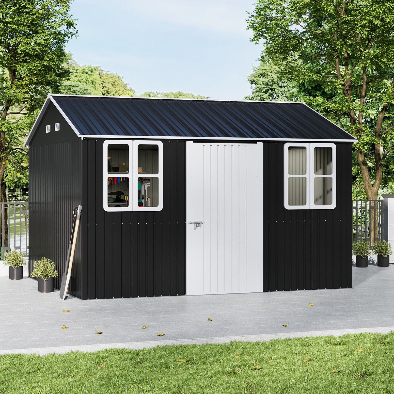 7X4ft/8.5X5.5ft/10x8ft Charcoal Black Storage Shed with Double Doors and Grid Window Living and Home