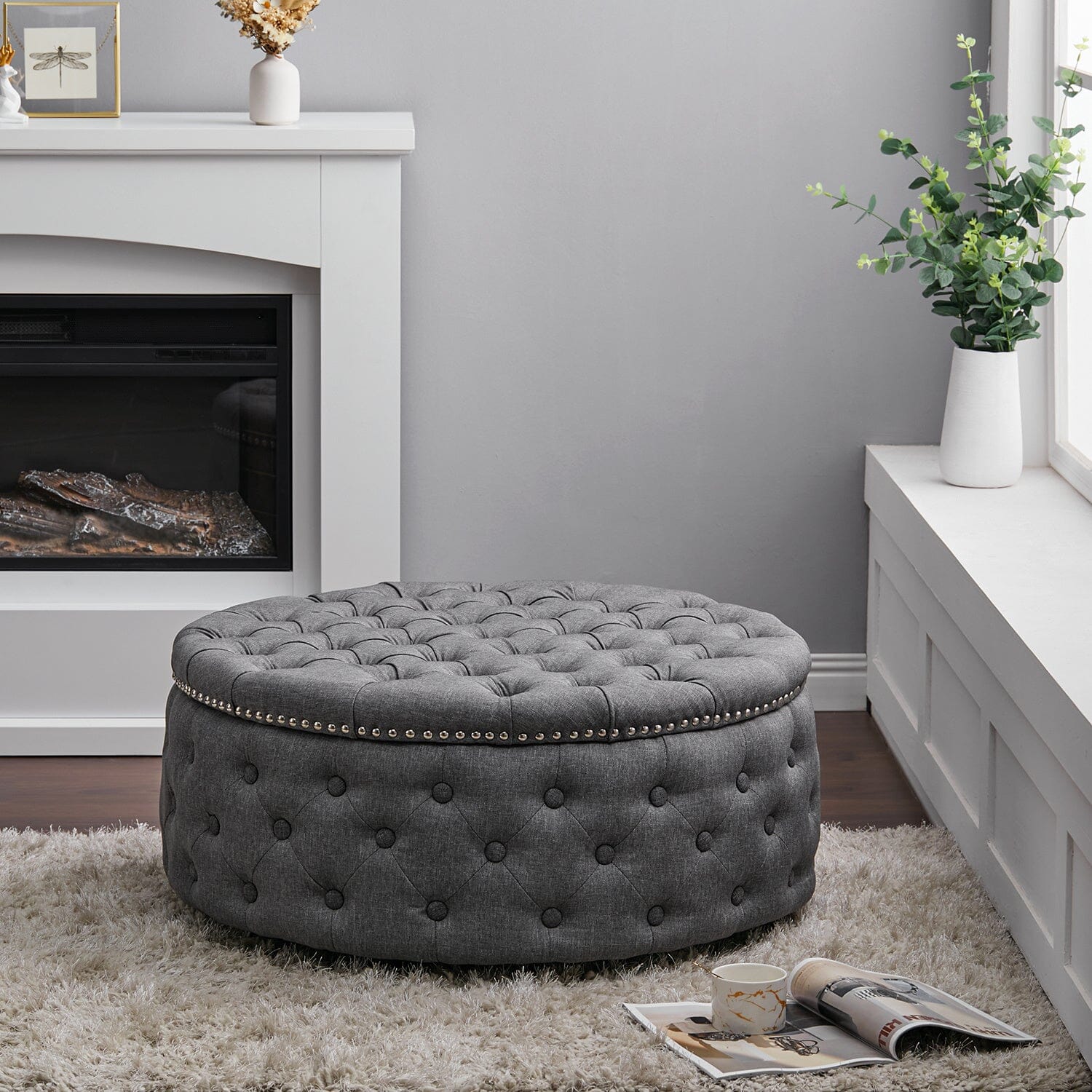Dia 75cm Linen Tufted Round Cocktail Ottoman with Solid Wood Footstools Living and Home Dark Grey