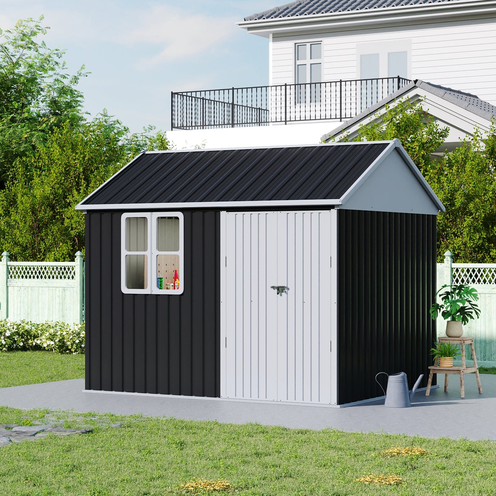10x8FT Charcoal Black Storage Shed with Double Doors and Grid Window Living and Home