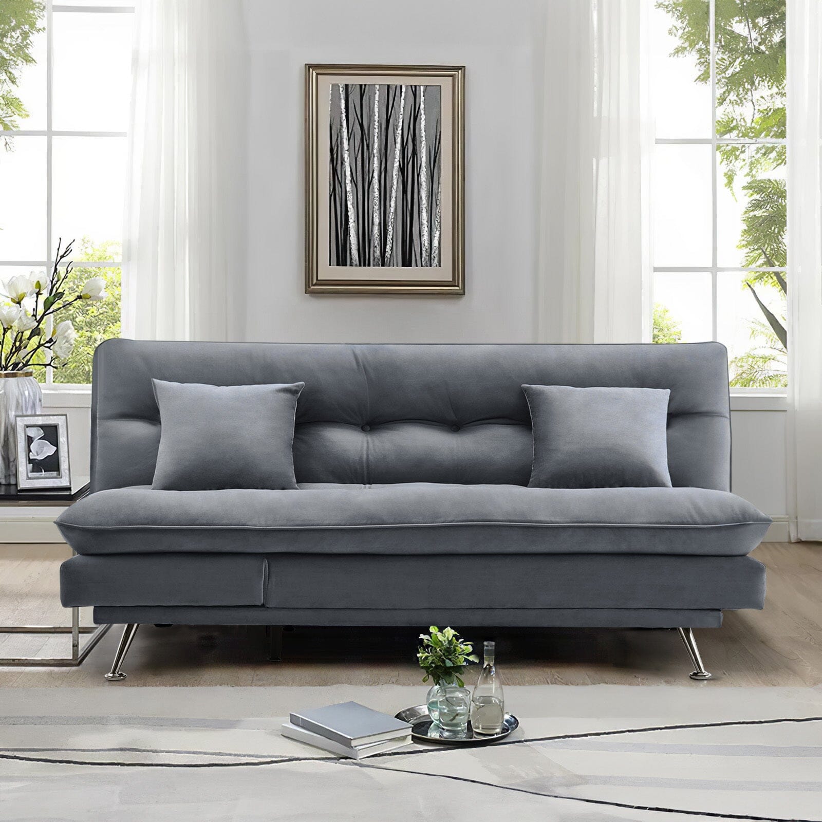 Modern 3-Seater Linen Fabric Sofa Bed with Cushions and 2 Pillows Sofa Beds Living and Home