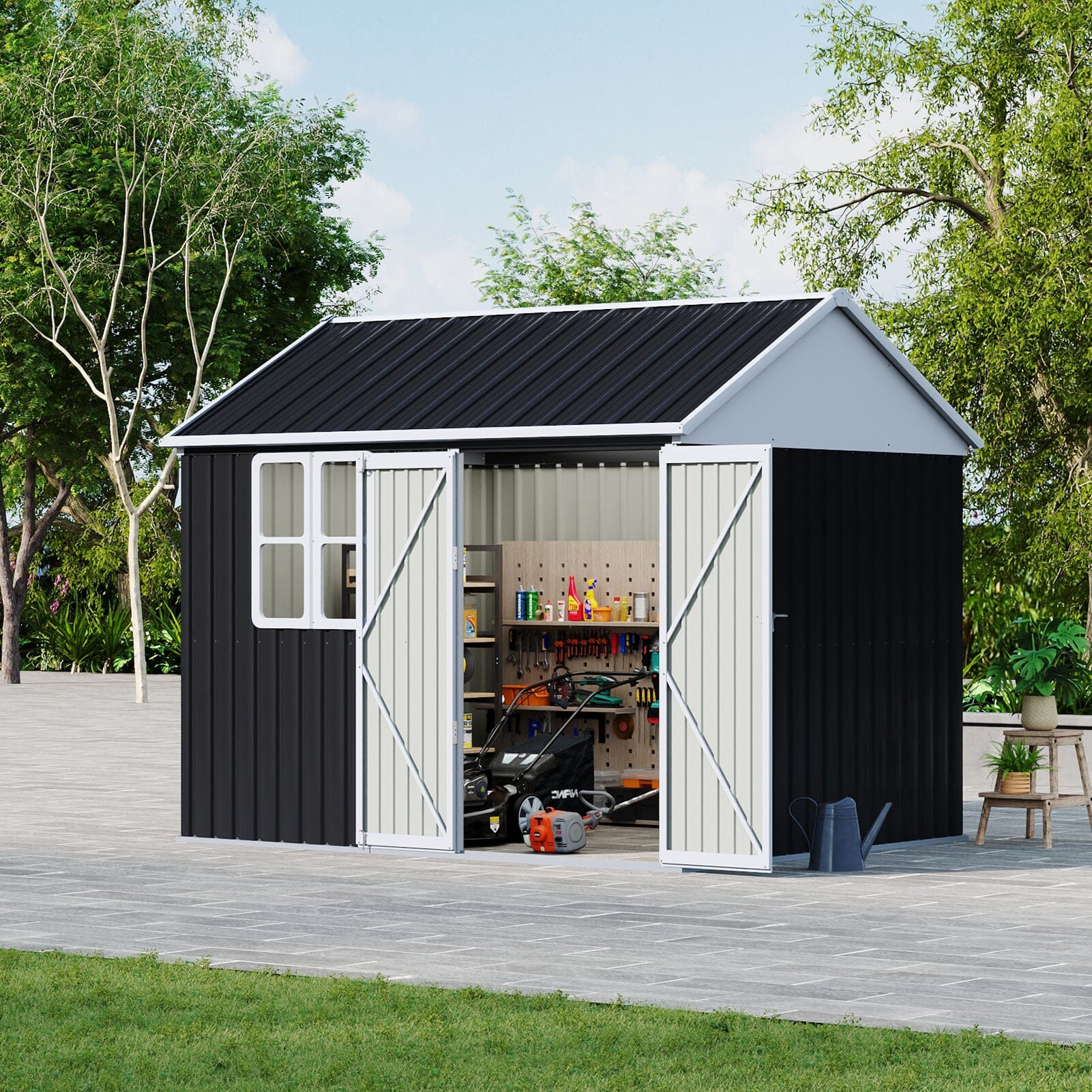 10x8FT Charcoal Black Storage Shed with Double Doors and Grid Window Living and Home