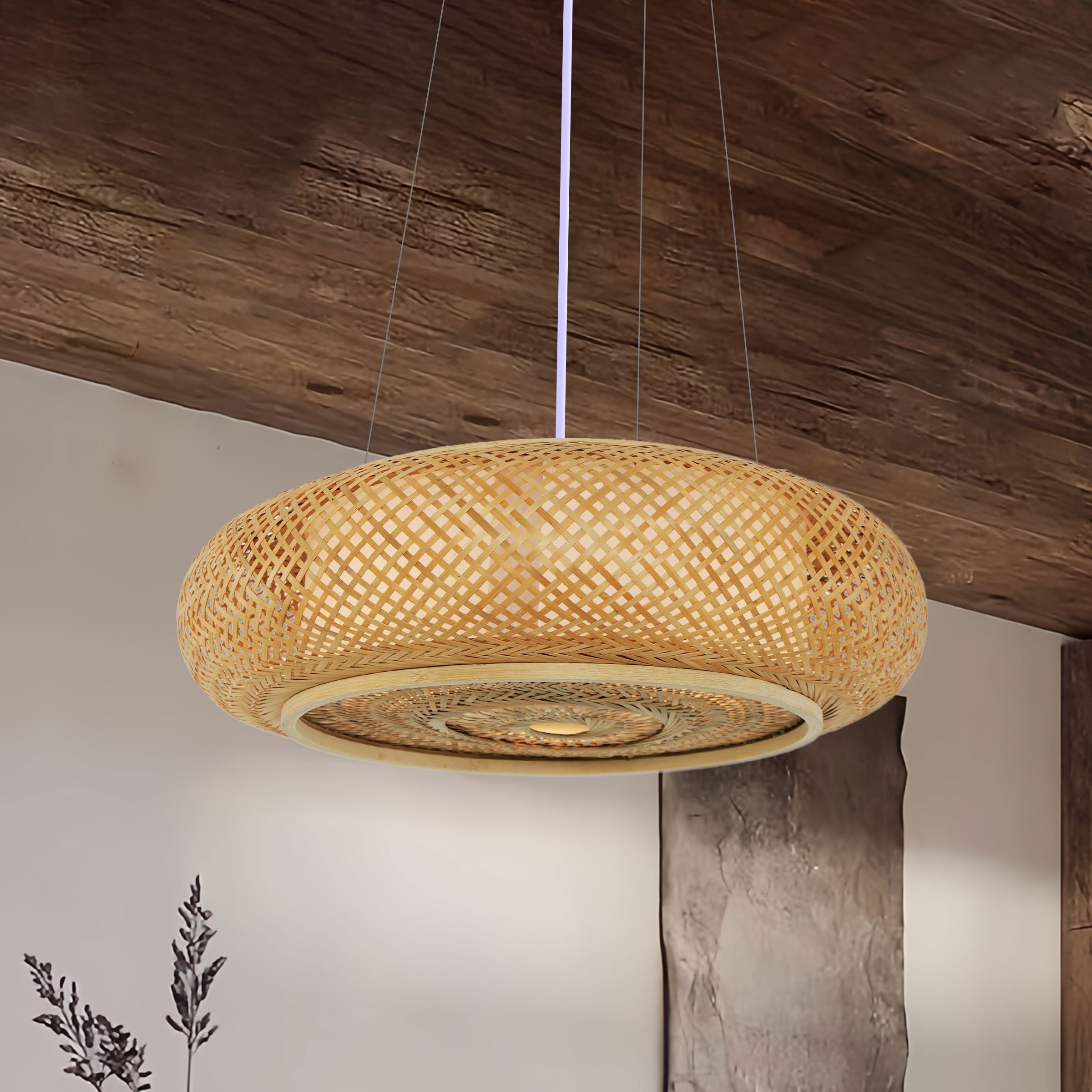 Lightsin Handcrafted Japanese-Style Natural Bamboo Finish Flat Rattan Ceiling & Pendant Light Living and Home Pendant light Dia 40cm