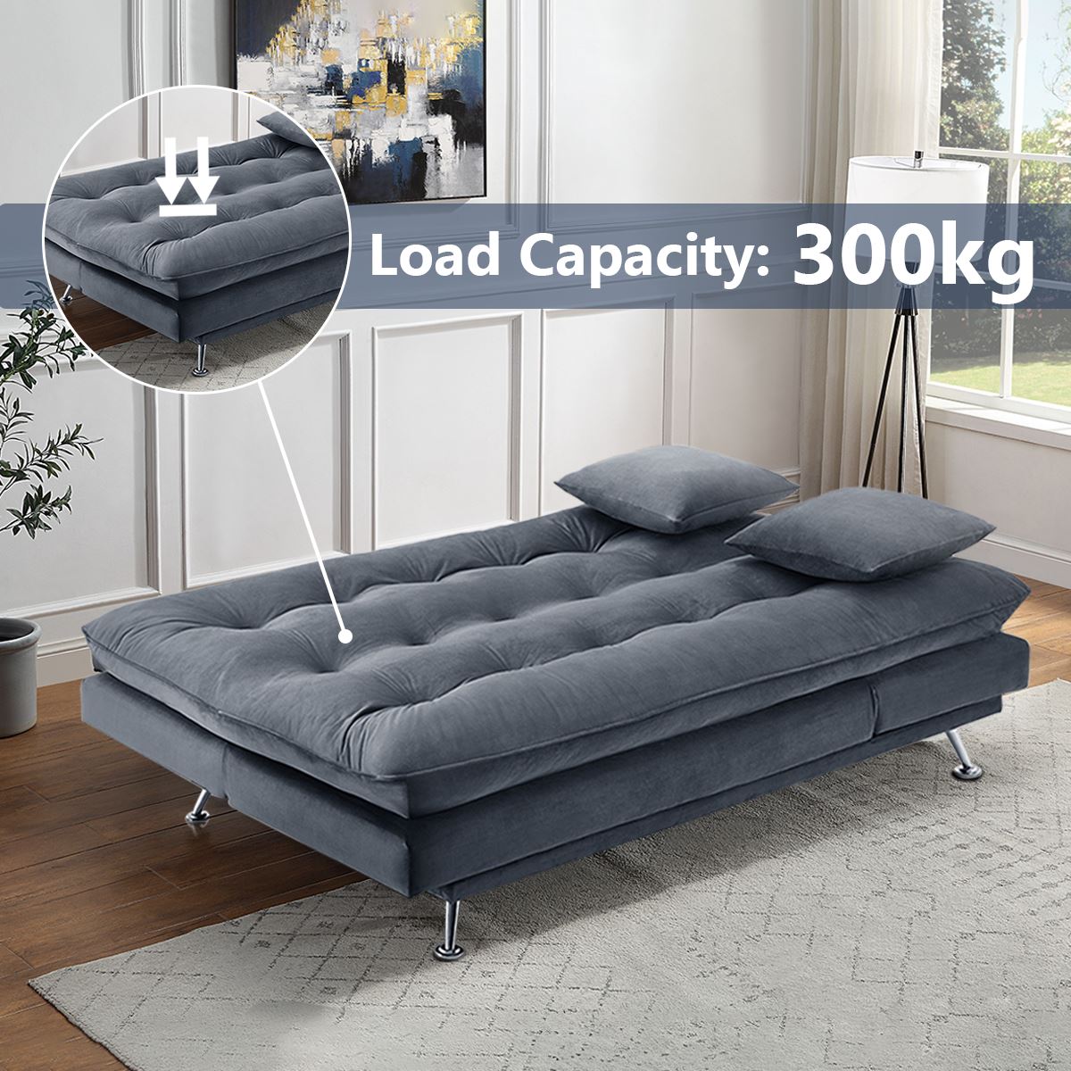 190cm Wide Grey 3 Seater Sofa Linen Convertible Sofa Bed with 2 Pillows Sofa Beds Living and Home