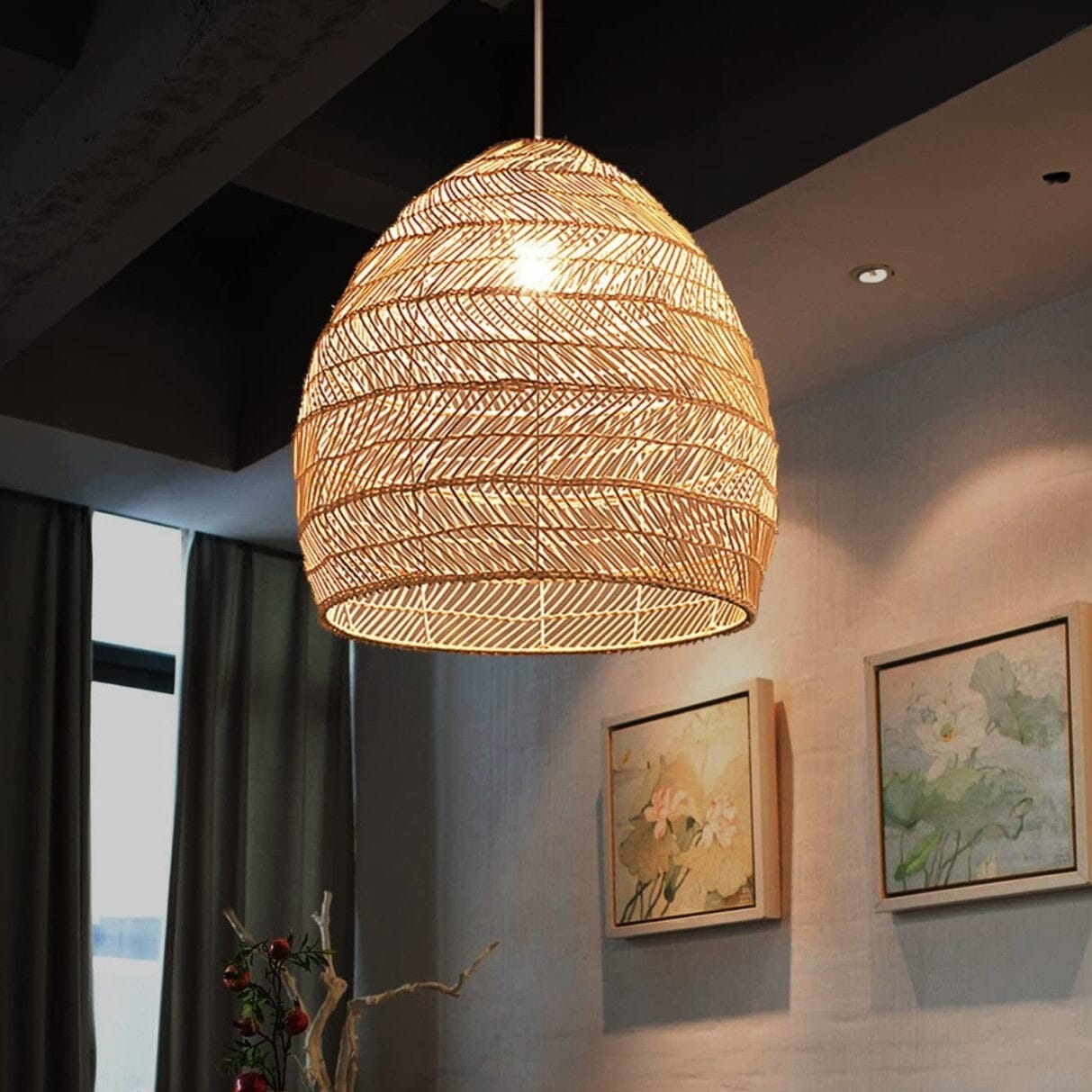 Lightsin Rattan Art Pendant Light Hanging Decor Rustic Style Lightsin UK 40cm Dia with Black Haning Wire