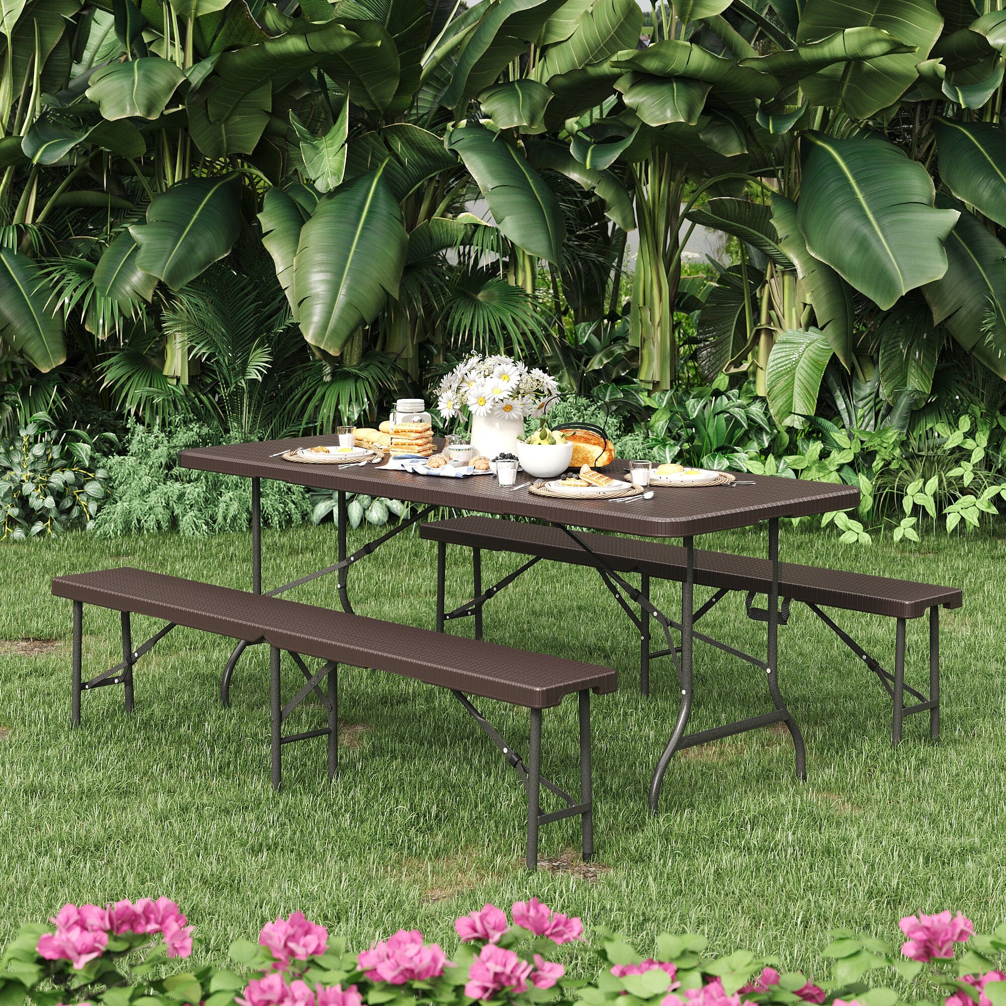 3-Piece Rattan Plastic Outdoor Folding Table Bench Set Garden Dining Sets Living and Home Set