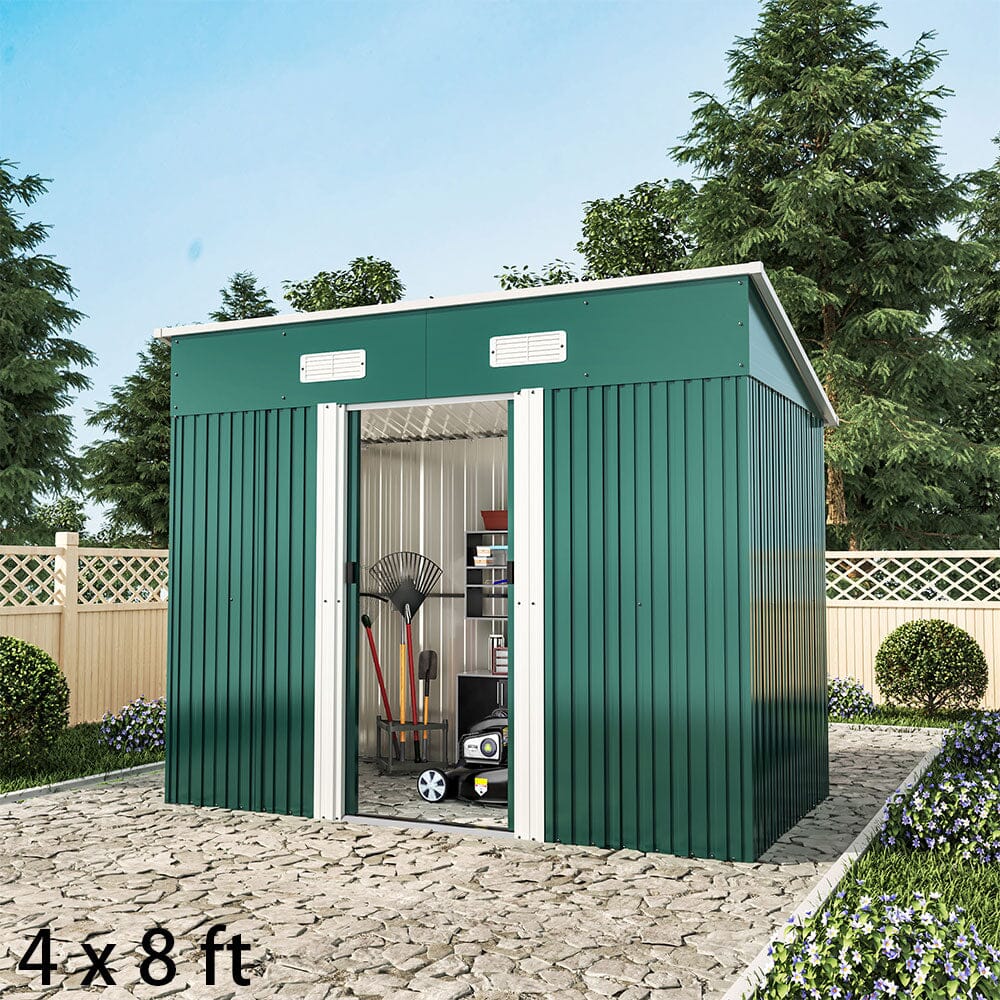 4 x 6 ft / 4 x 8 ft Steel Garden Shed with Skillion Roof Top Steel Black/Green Garden Sheds Living and Home Green 4' x 8' ft