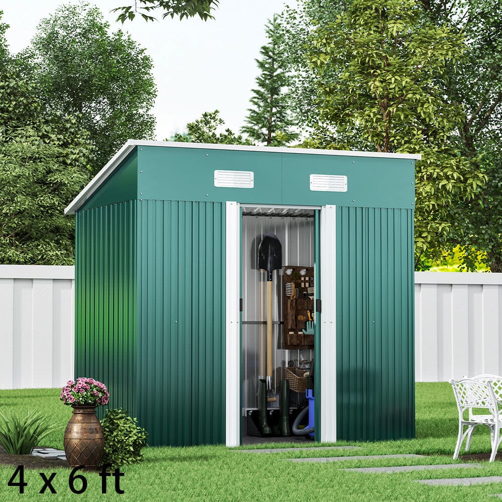 4 x 6 ft / 4 x 8 ft Steel Garden Shed with Skillion Roof Top Steel Black/Green Garden Sheds Living and Home Green 4' x 6' ft