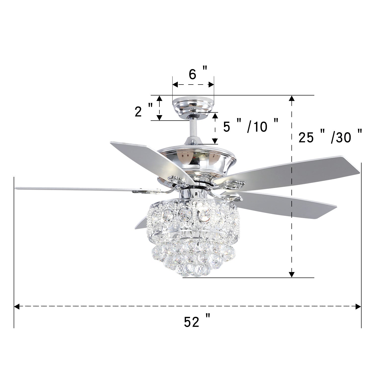 Chrome Ceiling Fan 5 Blades LED Crystal Chandelier & Remote Control 52Inch Ceiling Light Living and Home
