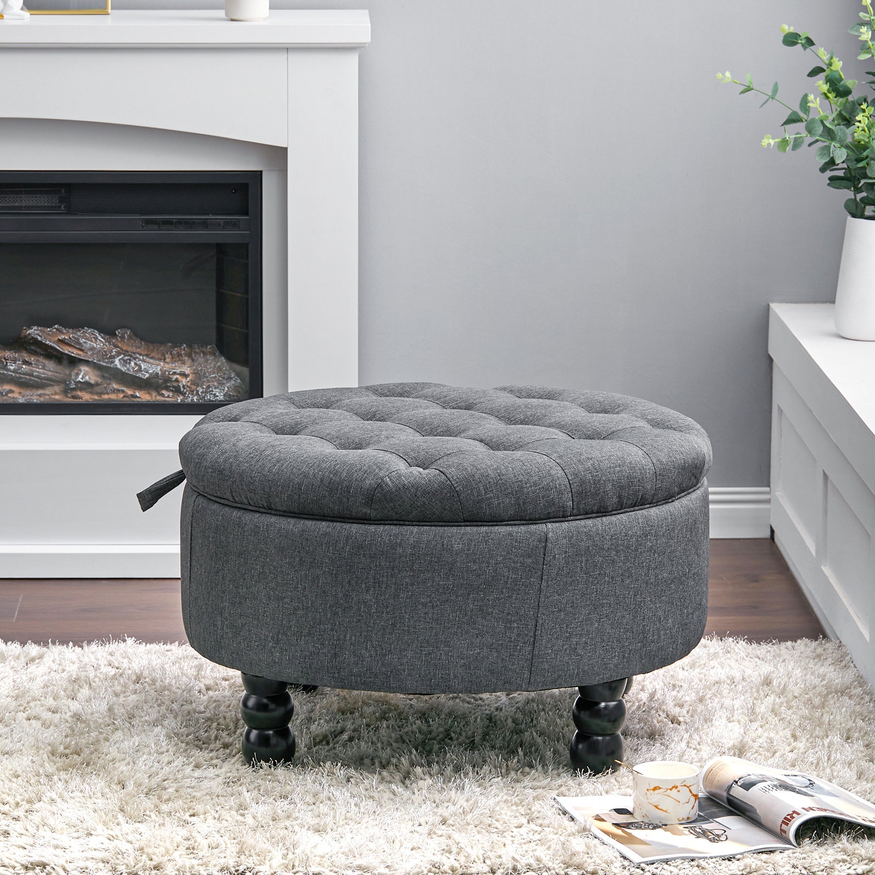 70cm Dia. Tufted Round Cocktail Ottoman Storage Footstool Storage Footstool Living and Home Grey