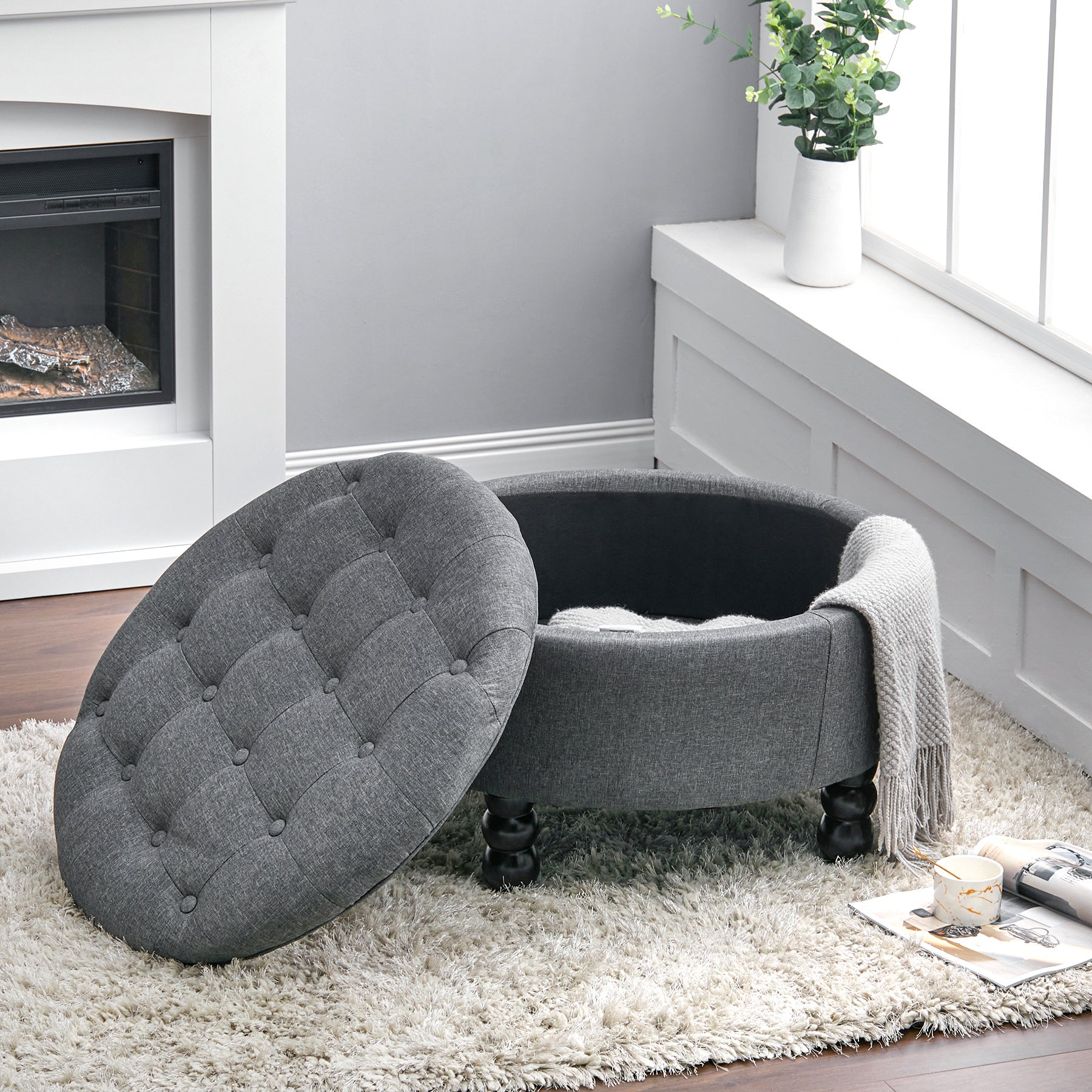 70cm Dia. Tufted Round Cocktail Ottoman Storage Footstool Storage Footstool Living and Home