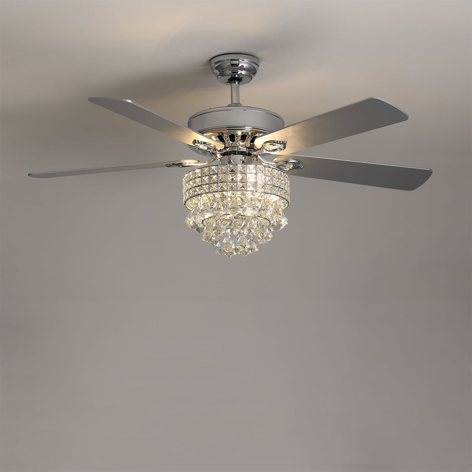 Chrome Ceiling Fan 5 Blades LED Crystal Chandelier & Remote Control 52Inch Ceiling Light Living and Home