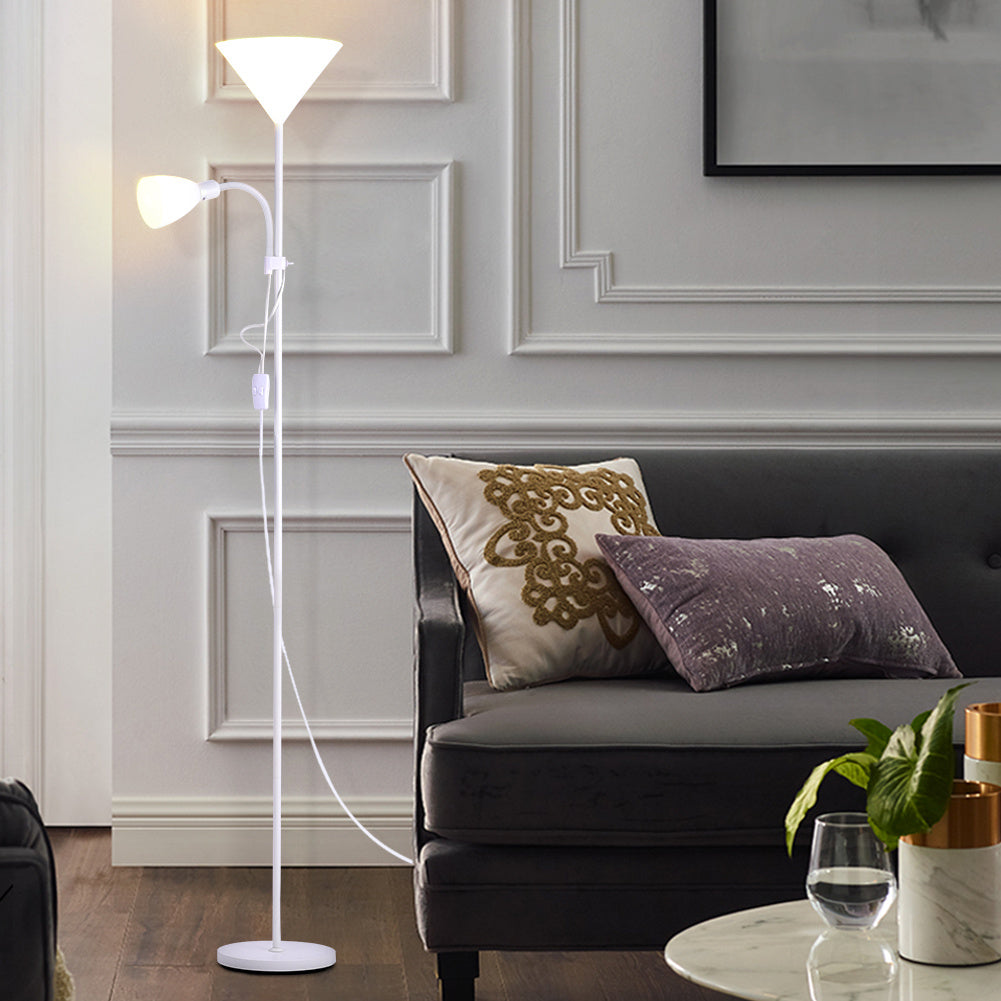 Torchiere Double Heads Floor Lamp Adjustable Reading Light Silver/Grey Lighting Living and Home White