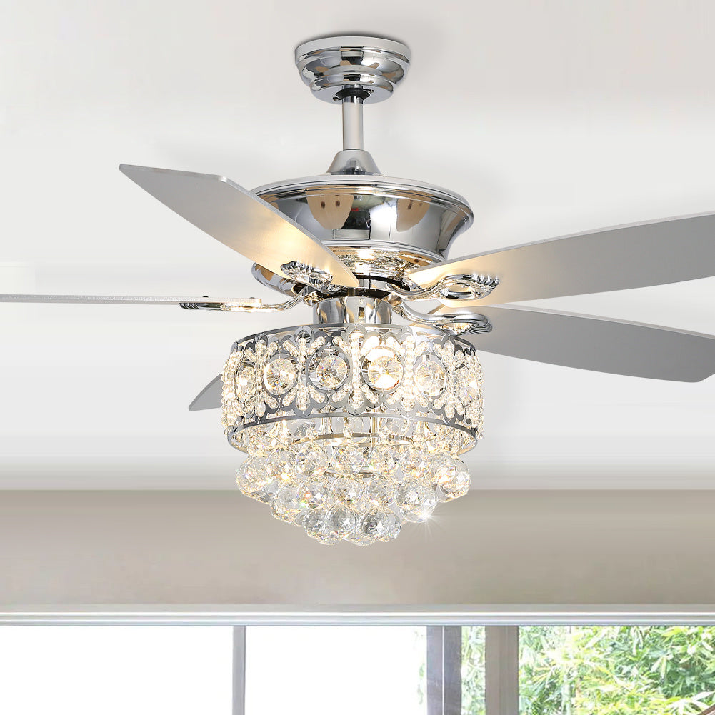 Chrome Ceiling Fan 5 Blades LED Crystal Chandelier & Remote Control 52Inch Ceiling Light Living and Home 2#