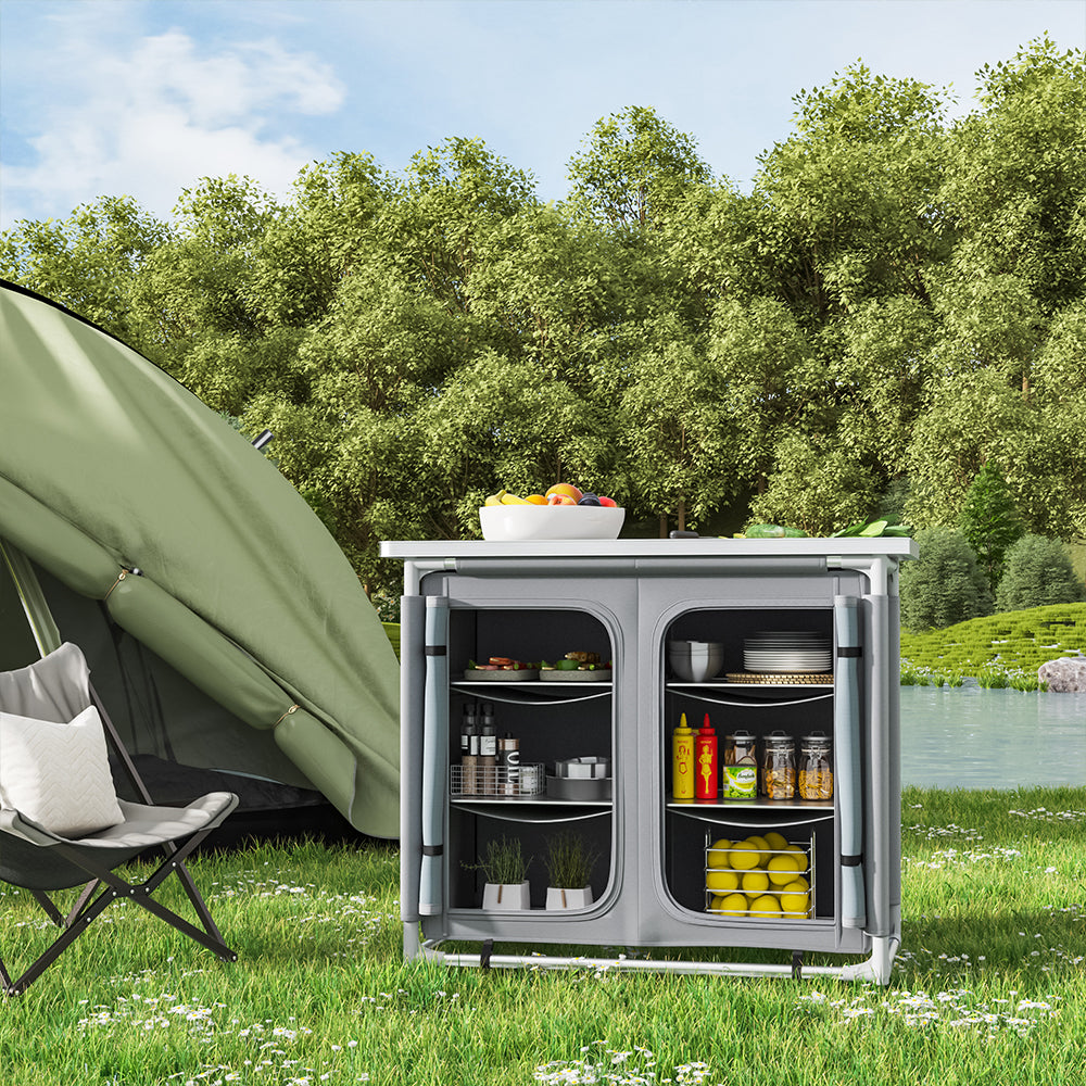 Camping Outdoor Kitchen with 4 Adjustable Feet and 6 Layers CAMPING KITCHEN ISLANDS Living and Home Grey