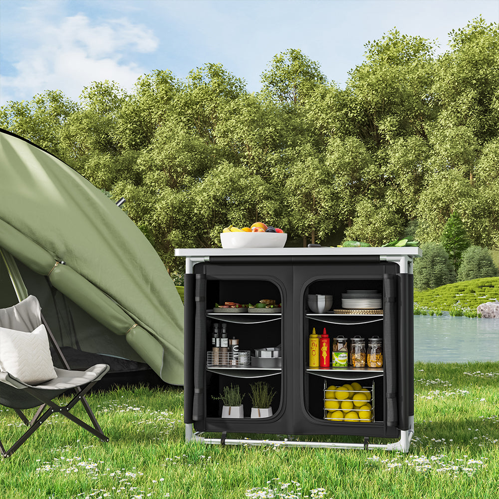 Camping Outdoor Kitchen with 4 Adjustable Feet and 6 Layers CAMPING KITCHEN ISLANDS Living and Home Black