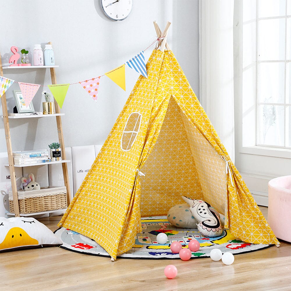 Indoor Kids Play Tent Yellow Grid Teepee Tent Fabric Spire Play