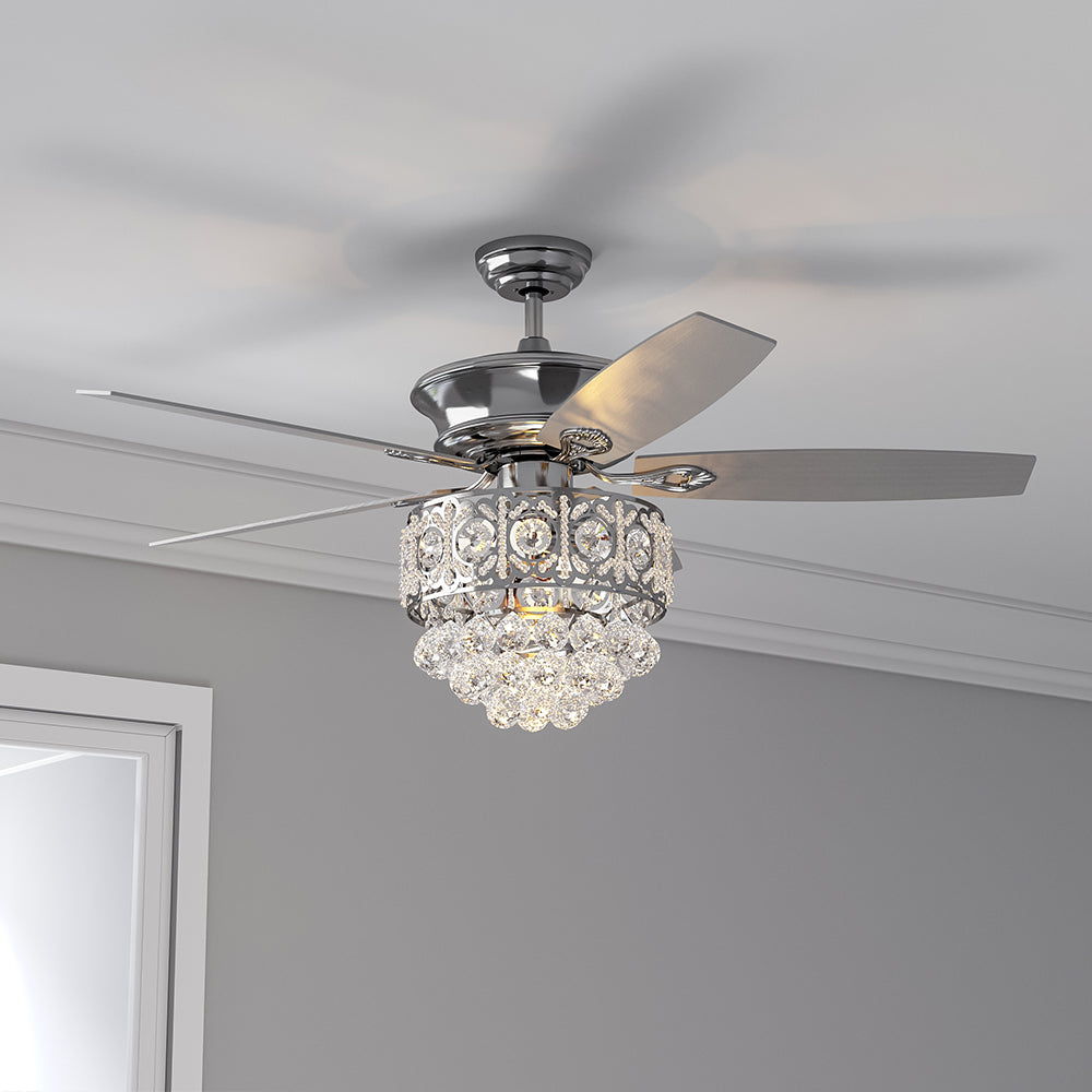 Chrome Ceiling Fan 5 Blades LED Crystal Chandelier & Remote Control 52Inch Ceiling Lights Living and Home