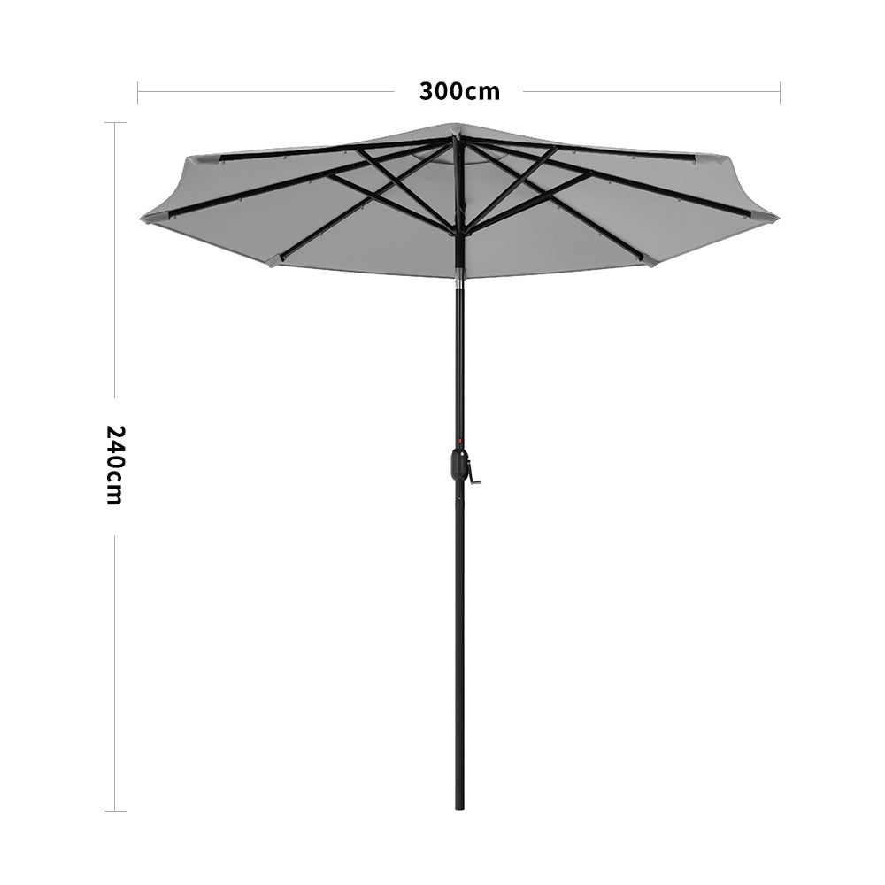 Light Grey 3m Iron Garden Parasol Sun Umbrella With Solar LED Lights Parasols & Rain Umbrellas Living and Home Only parasol