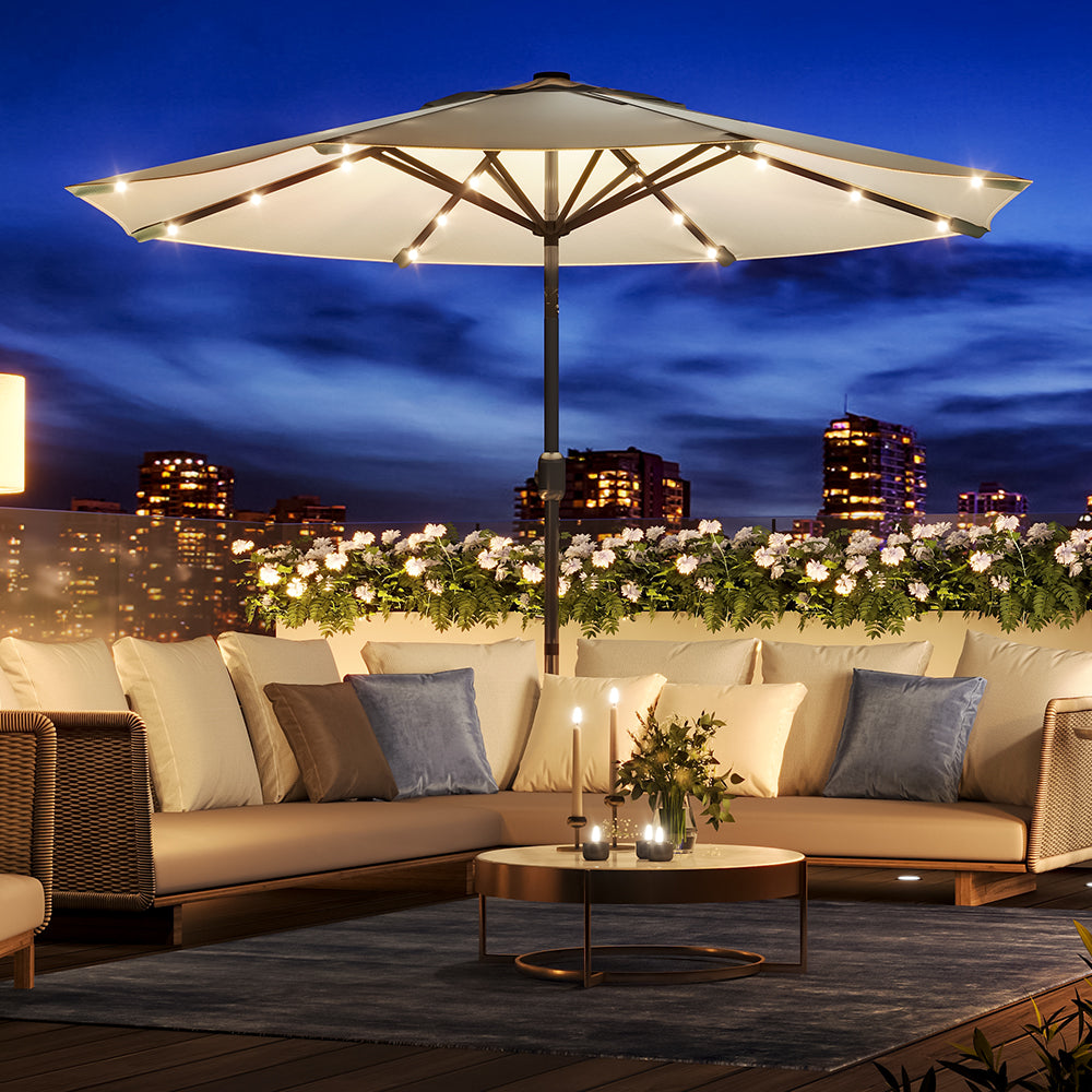 Beige 3m Patio Garden Parasol Sun Umbrella Sunshade Canopy With Solar LED Lights Parasols & Rain Umbrellas Living and Home