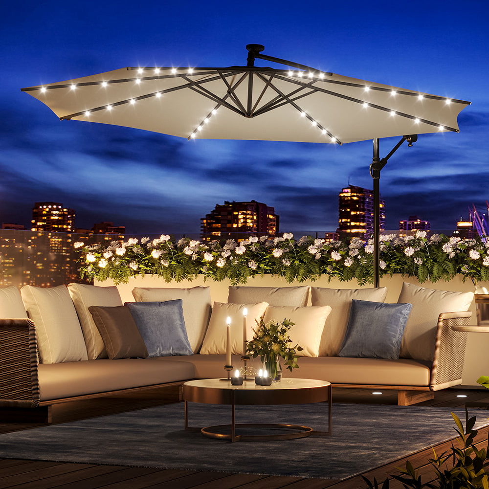 Beige 3m Iron Banana Umbrella Cantilever Garden Parasols with LED Lights Parasols & Rain Umbrellas Living and Home