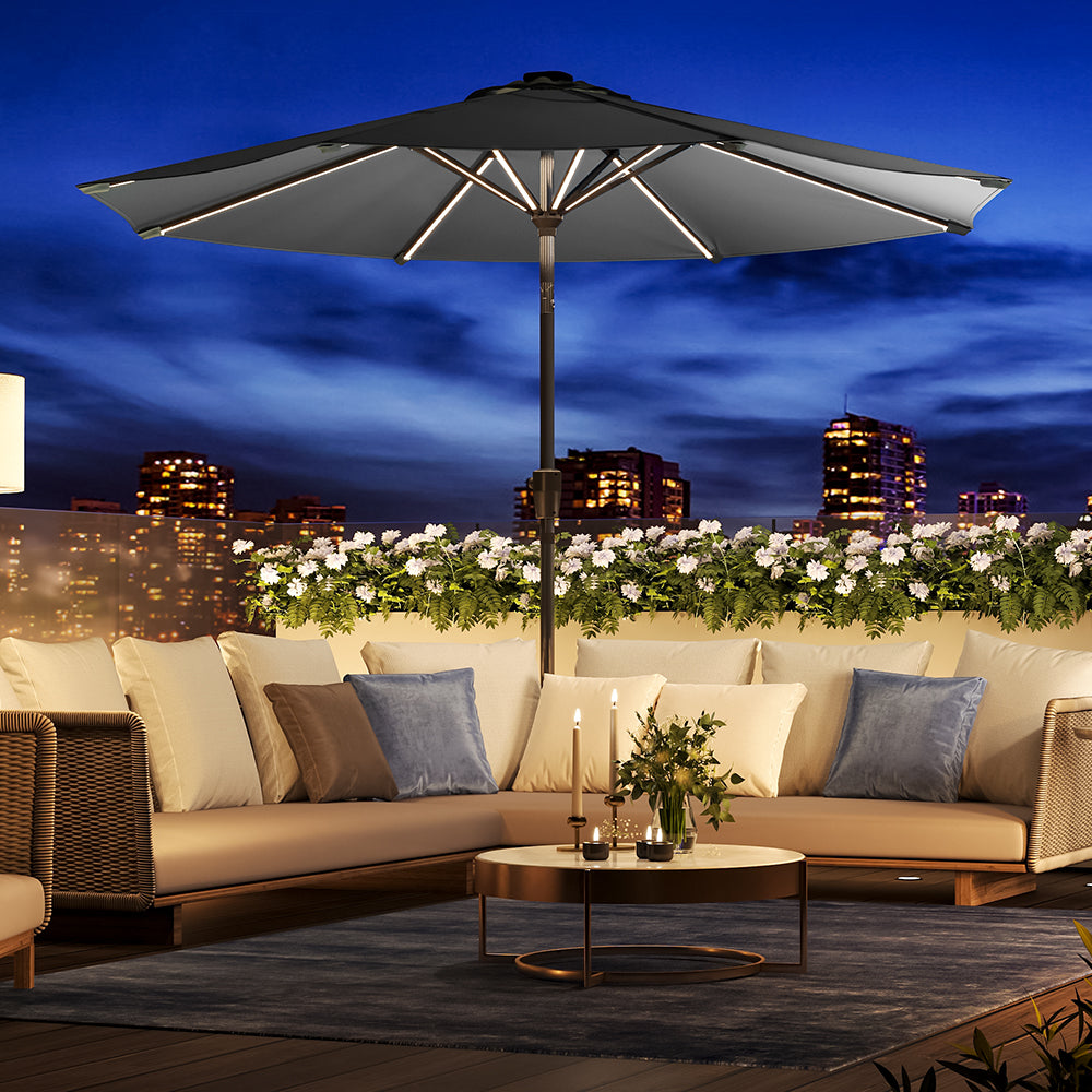 Black 3M Lighted Market Sunbrella Umbrella with Solar Strip LED Lights Parasols & Rain Umbrellas Living and Home