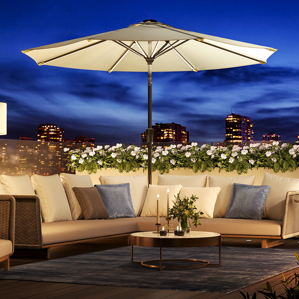 Beige 3M Lighted Market Sunbrella Umbrella with Solar Strip LED Lights Parasols & Rain Umbrellas Living and Home