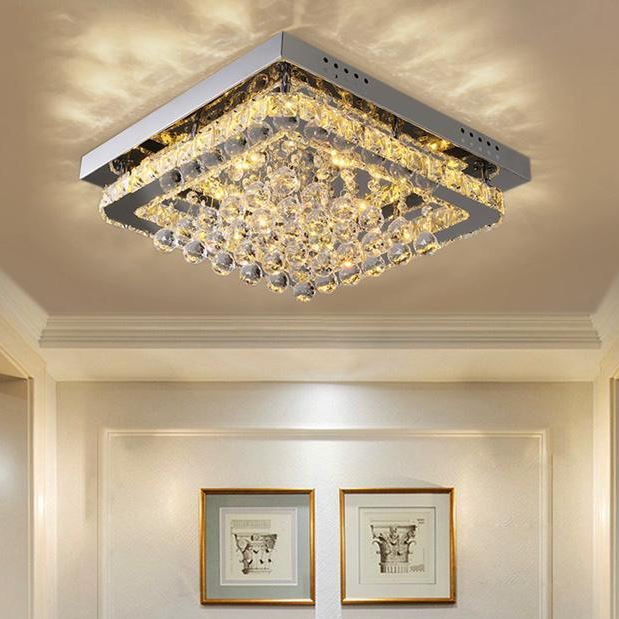 Chrome Finished Sqaure LED Ceiling Light with Luxury Crystal Ball Drops Ceiling Light Living and Home Dimmable Warm Glow
