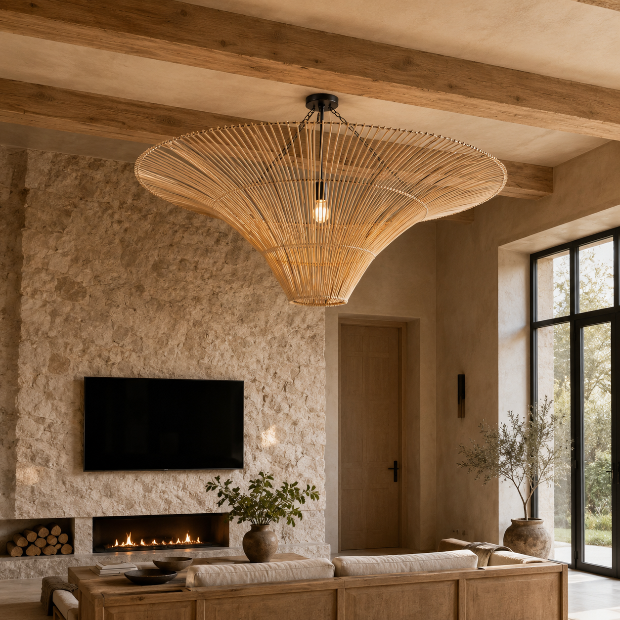 flying saucer-shaped dining room pendant light above a bright dining table