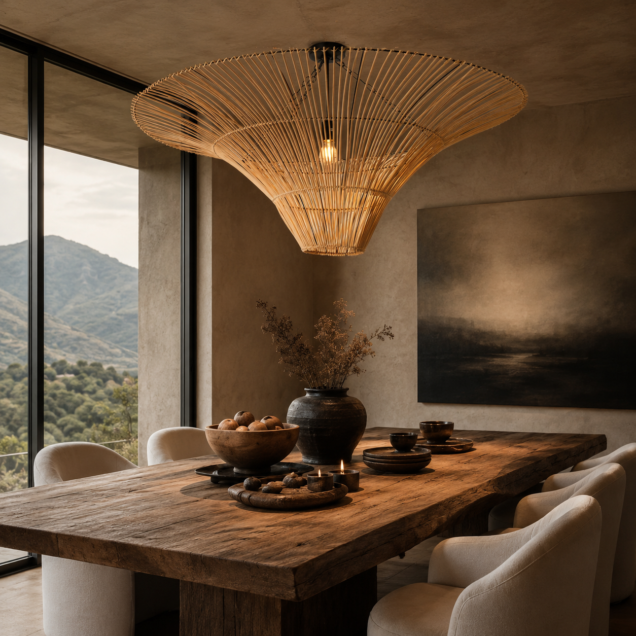 flying saucer-shaped dining room pendant light over a warm kitchen counter