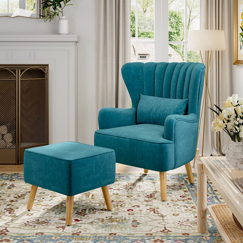 Occasion Faux Wool Wingback Chair Padded Armchair and Footstool Wingback Chairs Living and Home Blue 