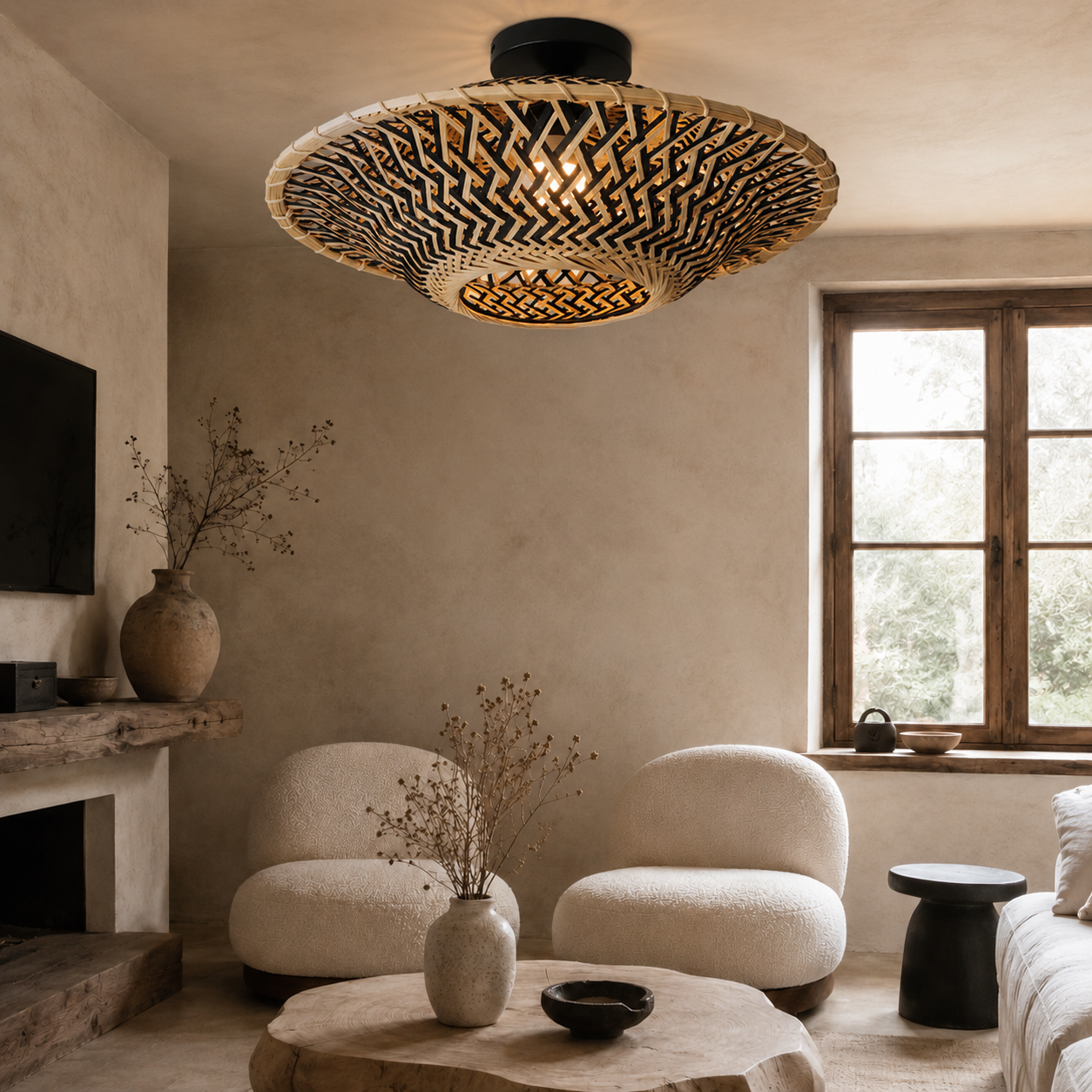bamboo pendant light above a bright dining table