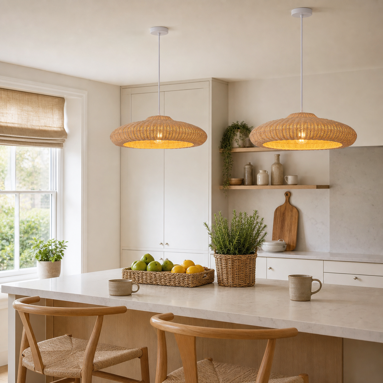 rattan pendant light over a warm kitchen counter