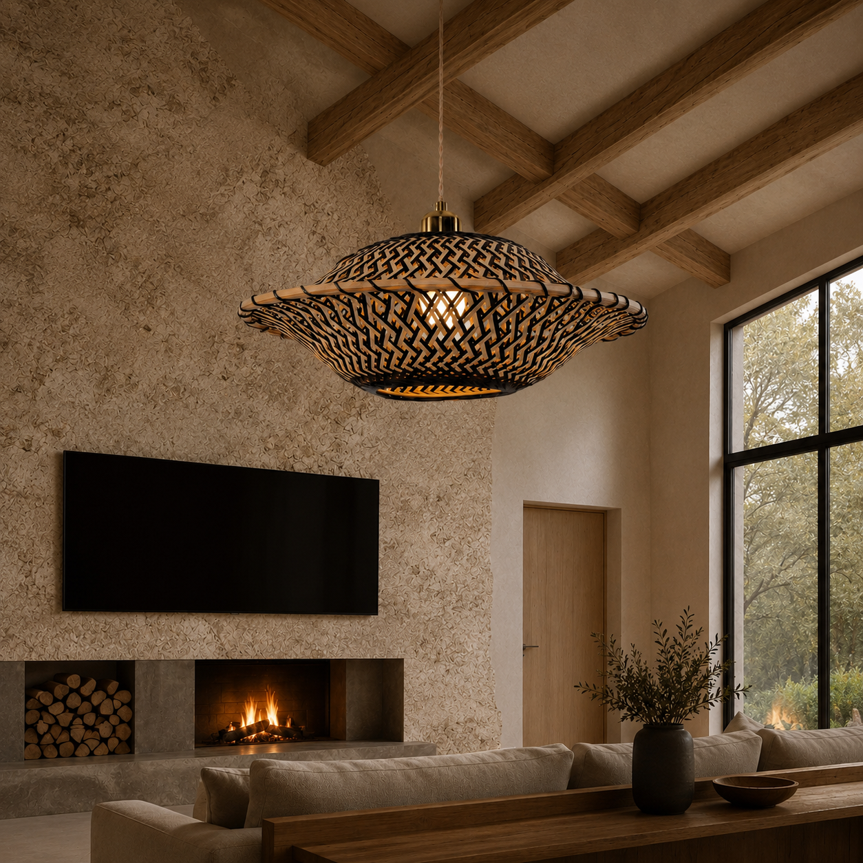 black bamboo pendant light over a warm kitchen counter
